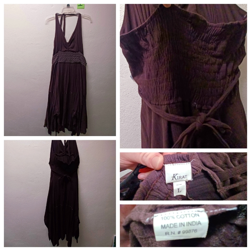 Brown halter tie hanky hem flowy dress, L/XL